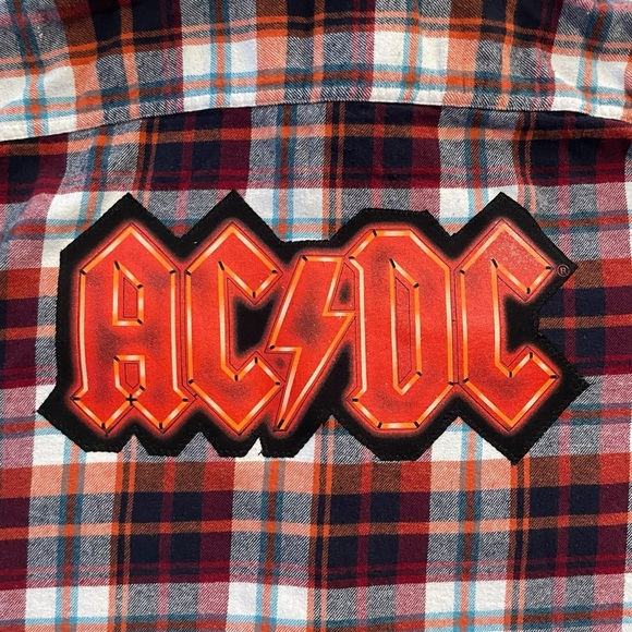 Cutom handmade One of a Kind AC / DC Orange and Blue Plaid Flannel Shirt Men’s L - Picture 2 of 4
